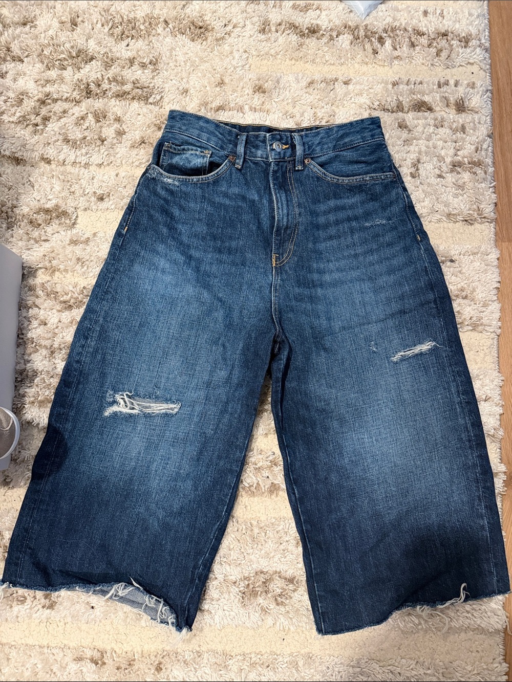 Zara Women’s High Waist Dark Blue Distressed Denim Shorts